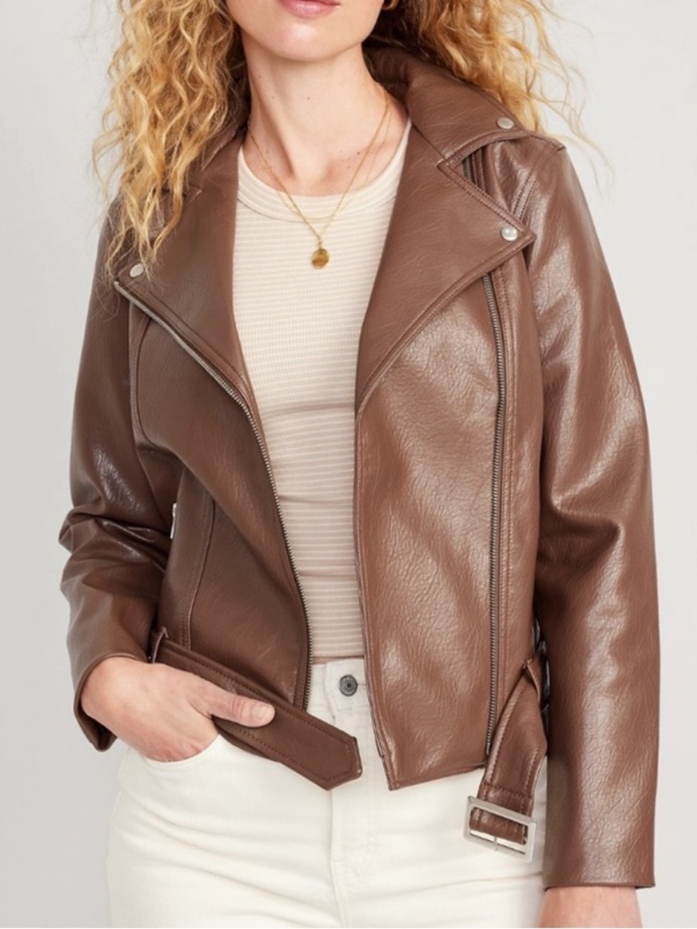 Faux Leather Belted Biker Moto Jacket- size XL